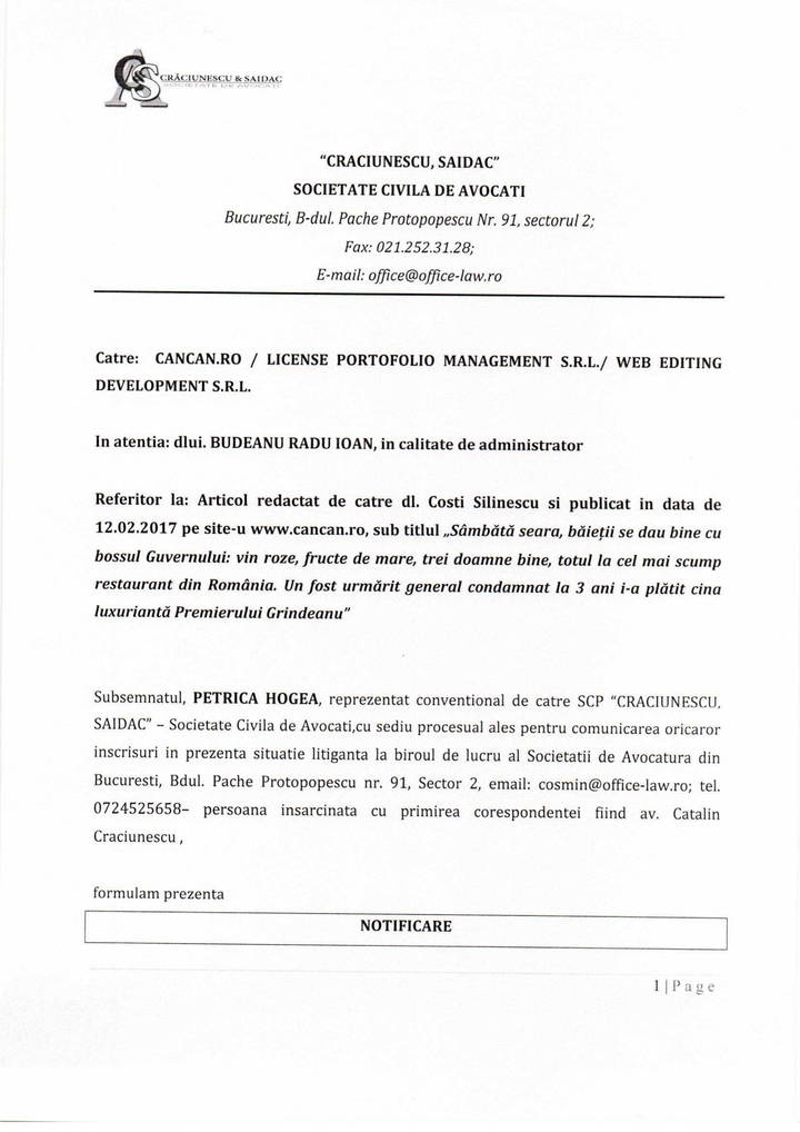 Notificare Petrica Hogea vs. Cancan 2