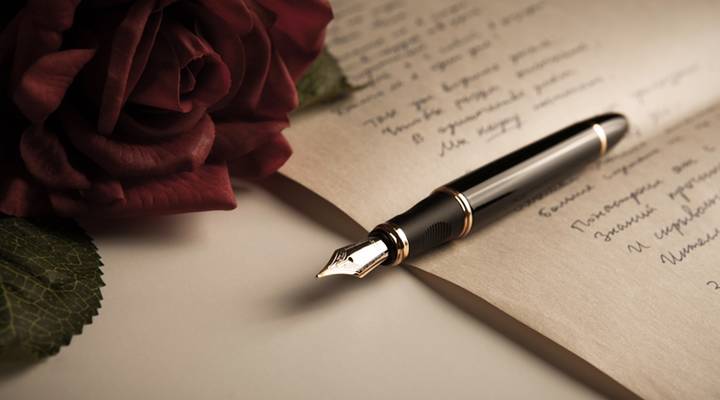 fountain pen on text sheet paper with rose close-up
