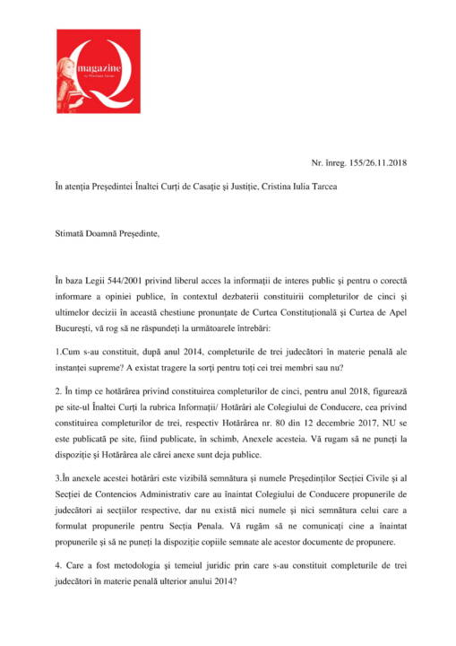 Adresa catre Președinta Înaltei Curți de Casație şi Justiție, Cristina Iulia Tarcea-QMagazine (1)