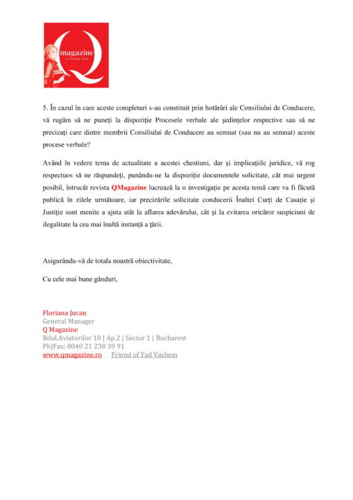 Adresa catre Președinta Înaltei Curți de Casație şi Justiție, Cristina Iulia Tarcea-QMagazine (2)
