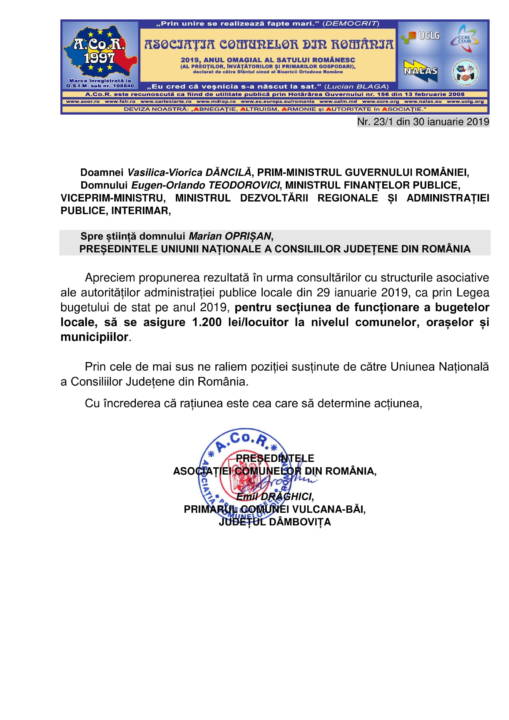 Asociatia Comunelor din Romania despre Bugetul de stat 2019